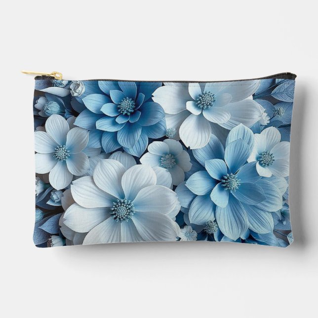 Blue and white 3d flowers accessory pouch (Front)