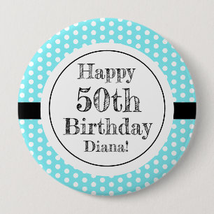 Blue And White 50th Birthday Polka Dots 10 Cm Round Badge