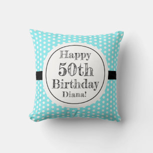Blue And White 50th Birthday Polka Dots Cushion