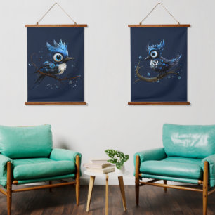 Blue and White Abstract Blue Jay Couple Hanging Tapestry