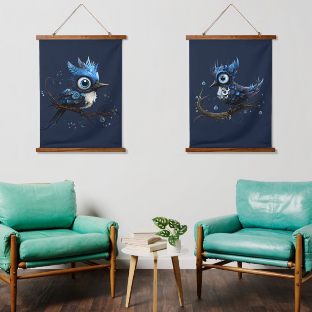 Blue and White Abstract Blue Jay Couple Hanging Tapestry (Living Room)