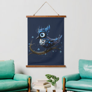 Blue and White Abstract Blue Jay Left Facing Hanging Tapestry
