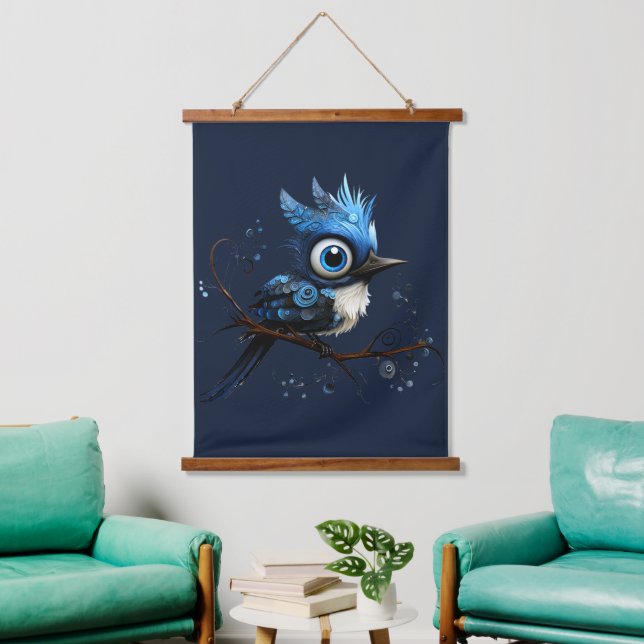 Blue and White Abstract Blue Jay Right Facing Hanging Tapestry (Living Room)