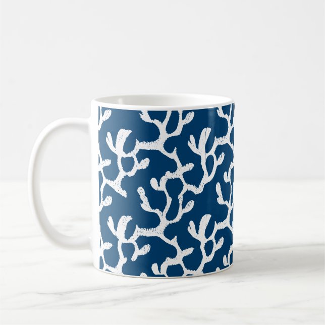 Blue And White Abstract Coral Repeating Pattern Coffee Mug (Left)