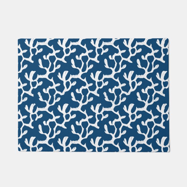 Blue And White Abstract Coral Repeating Pattern Doormat (Front)