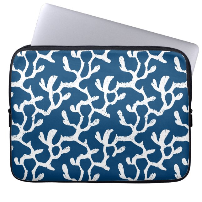 Blue And White Abstract Coral Repeating Pattern Laptop Sleeve (Front)