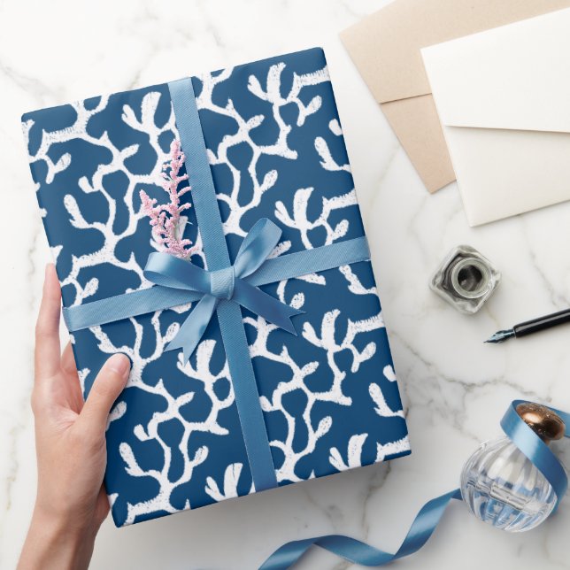 Blue And White Abstract Coral Repeating Pattern Wrapping Paper (Gifting)