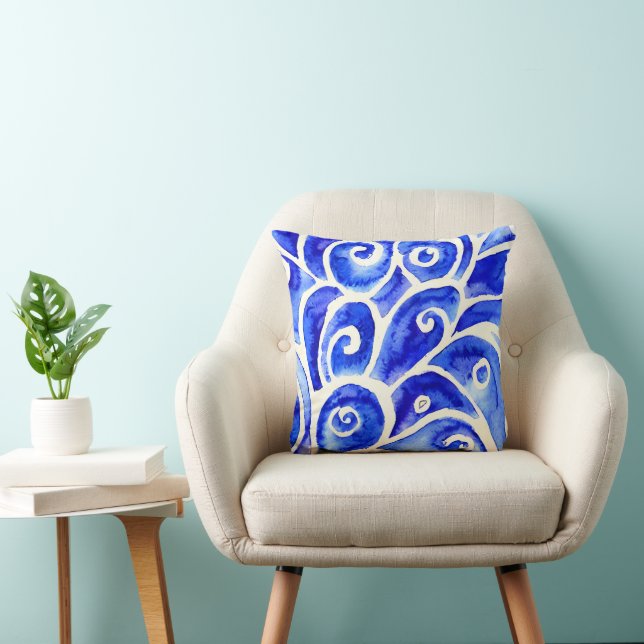 Blue and White Abstract Curly Design Pattern Cushion (Chair)