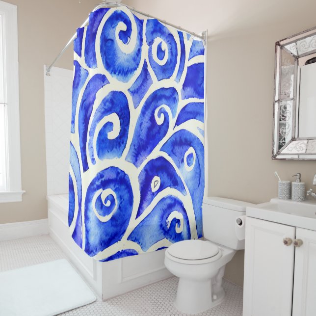Blue and White Abstract Curly Design Pattern Shower Curtain (In Situ)