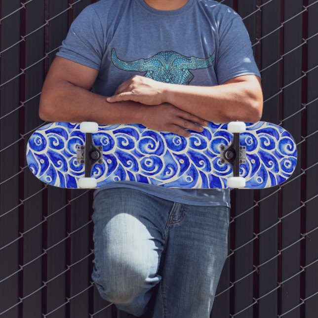 Blue and White Abstract Curly Design Pattern Skateboard (Outdoor 3)