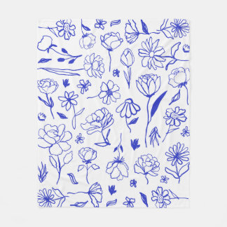 Blue and White Abstract Floral Botanical Ink Art P Fleece Blanket