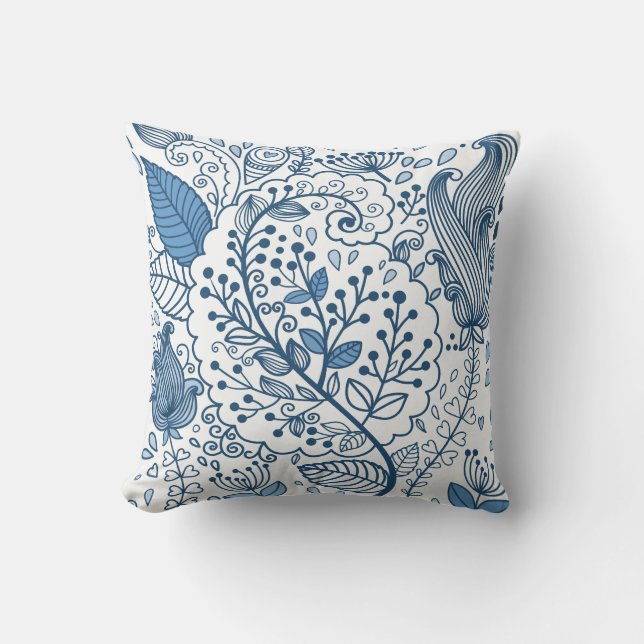 Blue and White Abstract Floral Outdoor Pillow (Front)