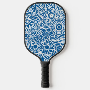 Blue and White Abstract Floral Pattern Hawaiian Pickleball Paddle