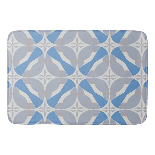 Blue and White Abstract Geometric Pattern Bath Mat (Front)