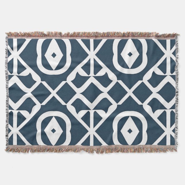 Blue and White Abstract Geometric Pattern Throw Blanket (Front)
