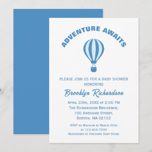 Blue And White Adventure Awaits Boy Baby Shower Invitation