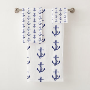 Blue and white anchor bath towel set