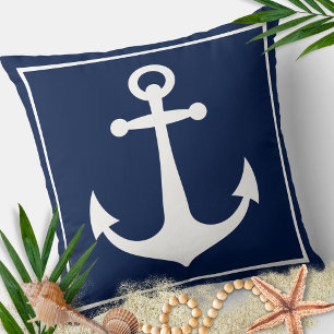 Blue and White Anchor Nautical Boat Beach Cushion