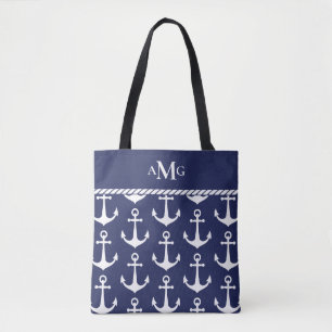 Blue and White Anchor Pattern Monogram Nautical  Tote Bag