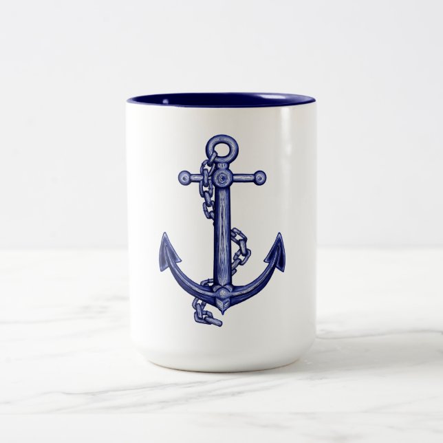 Blue and white anchor Two-Tone coffee mug (Center)