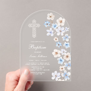 Blue and White Anemones Arch Baptism Acrylic Invitations