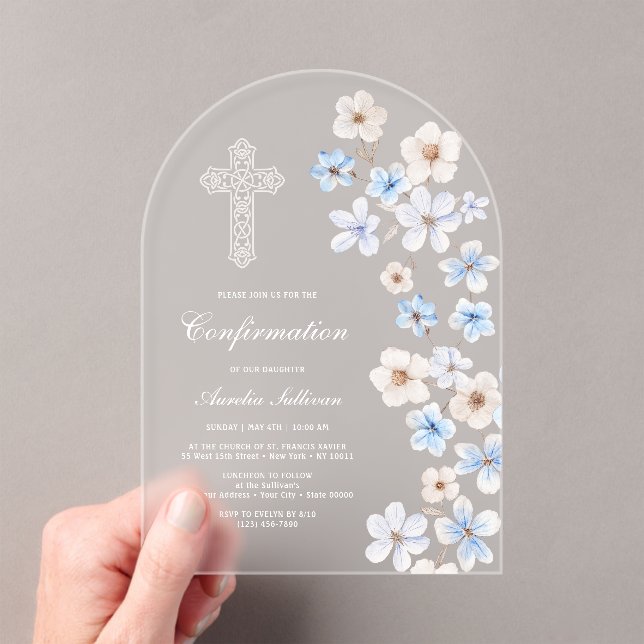 Blue and White Anemones Arch Confirmation Acrylic Invitations (Insitu (Handheld))