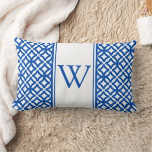 Blue and White Arabic Trellis Monogram Lumbar Cushion