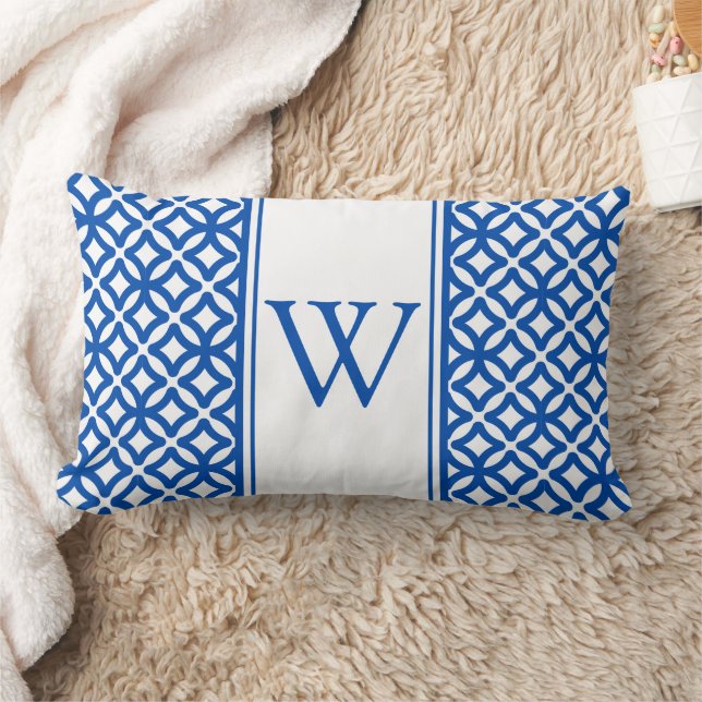 Blue and White Arabic Trellis Monogram Lumbar Cushion (Blanket)