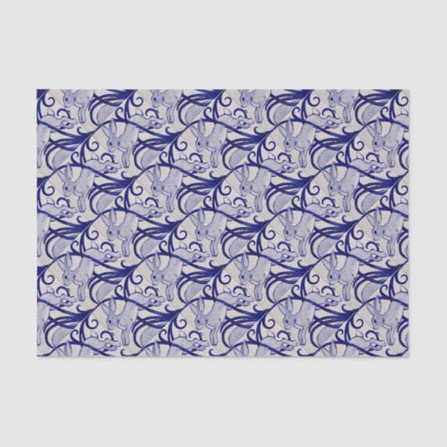 Blue and White Art Deco Rabbit Tile Gift Wrapping Tissue Paper (Front)