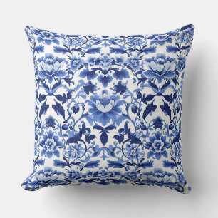 Blue and White Art Nouveau Chinoiserie Lotus Cushion