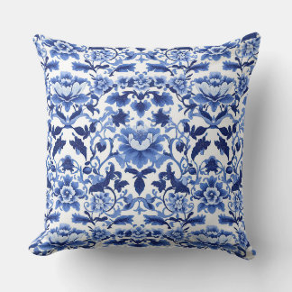 Blue and White Art Nouveau Chinoiserie Lotus Cushion
