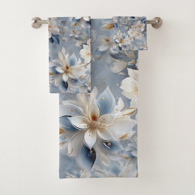 Blue and White Arty Gold Edge Flowers  Bath Towel Set (Insitu)