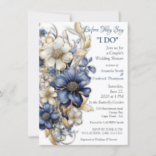 Blue and White Arty Gold Edge Flowers Invitation