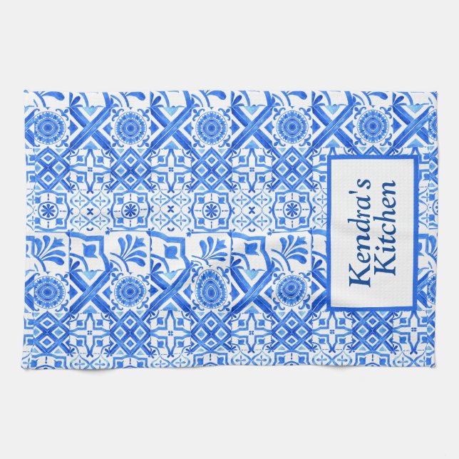 Blue and White Azulejo Spanish Azul Pattern  Tea Towel (Horizontal)