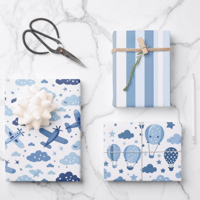 Blue And White Baby Boy Wrapping Paper Sheet (Front)