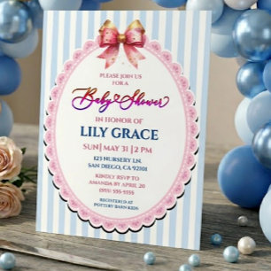 Blue and White Baby Shower I Gold-Pink Ribbon Bow Invitation