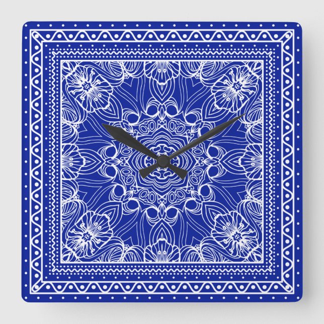 blue and white bandanna design square wall clock (Front)