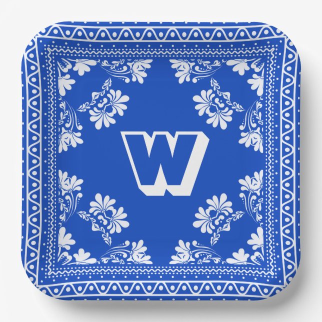 Blue and White Bandanna Design With Monogram Paper Plate (Front)