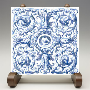Blue and White Baroque Acanthus Ceramic Tile