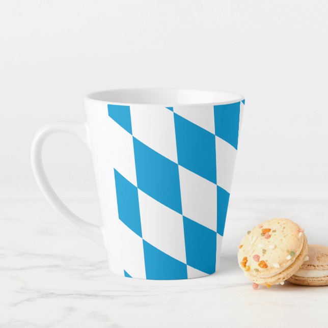 Blue and White Bavaria Diamond Flag Pattern Latte Mug (In Situ)