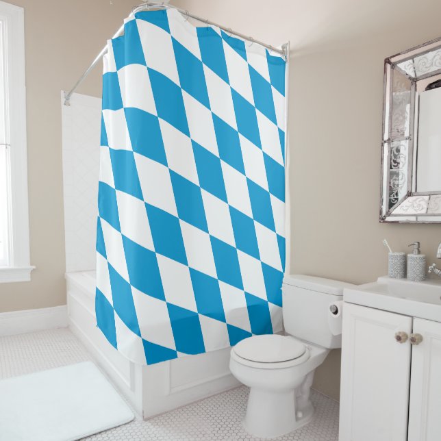 Blue and White Bavaria Diamond Flag Pattern Shower Curtain (In Situ)