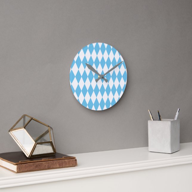 Blue and White Bavaria Rhombus Flag Pattern Round Clock (Office)