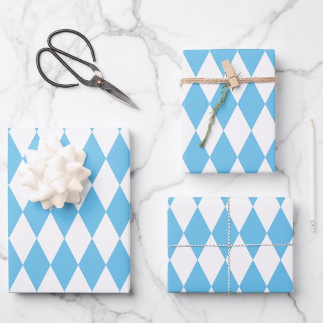Blue and White Bavaria Rhombus Flag Pattern Wrapping Paper Sheet (Front)