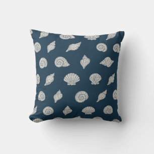 Blue and White Beach Coastal Shells Cushion