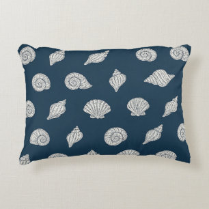 Blue and White Beach Coastal Shells Decorative Cushion