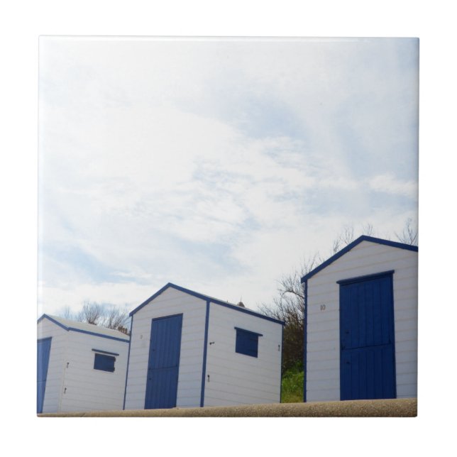 Blue And White Beach Huts Tile (Front)