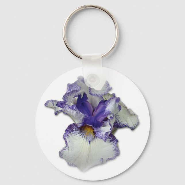 Blue and White Bearded Iris Flower Key Ring (Front)