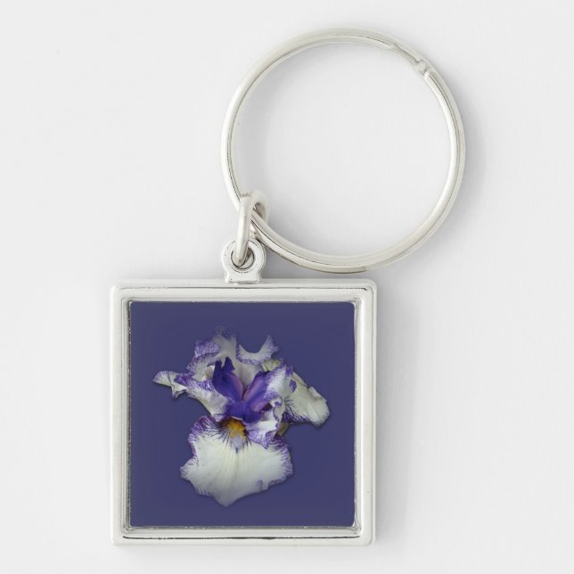 Blue and White Bearded Iris Flower Key Ring (Front)