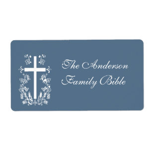 Blue and White Bible Cross Label