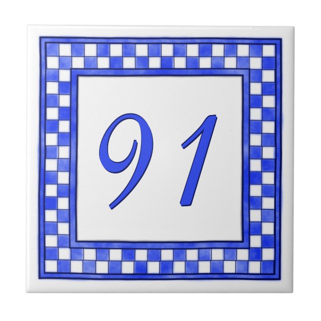 Blue and White Big House Number Ceramic Tile (Front)